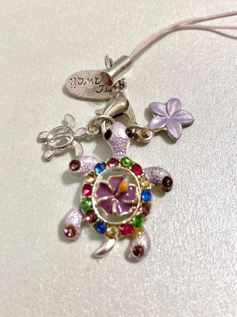 Laule’a Hawaii Purple Turtle flower Charm Phone Strap with Multicolor Rhinestone